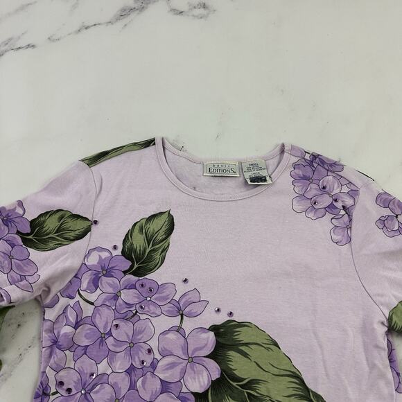 Basic Editions Womens Vintage Y2k Rhinestone Tee Size S Purple Hydrangea Floral - Picture 2 of 11